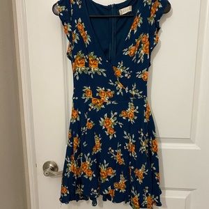 Navy Blue Floral Faux Wrap Dress